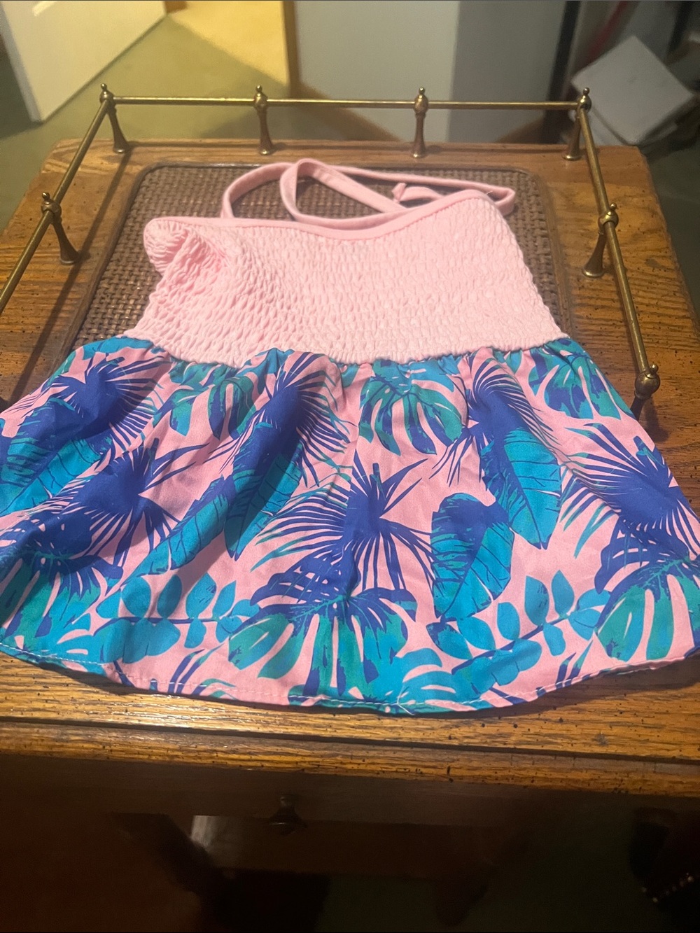 Top Paw Pink Tank Dress with Blue & Teal Tropical Leaf Print